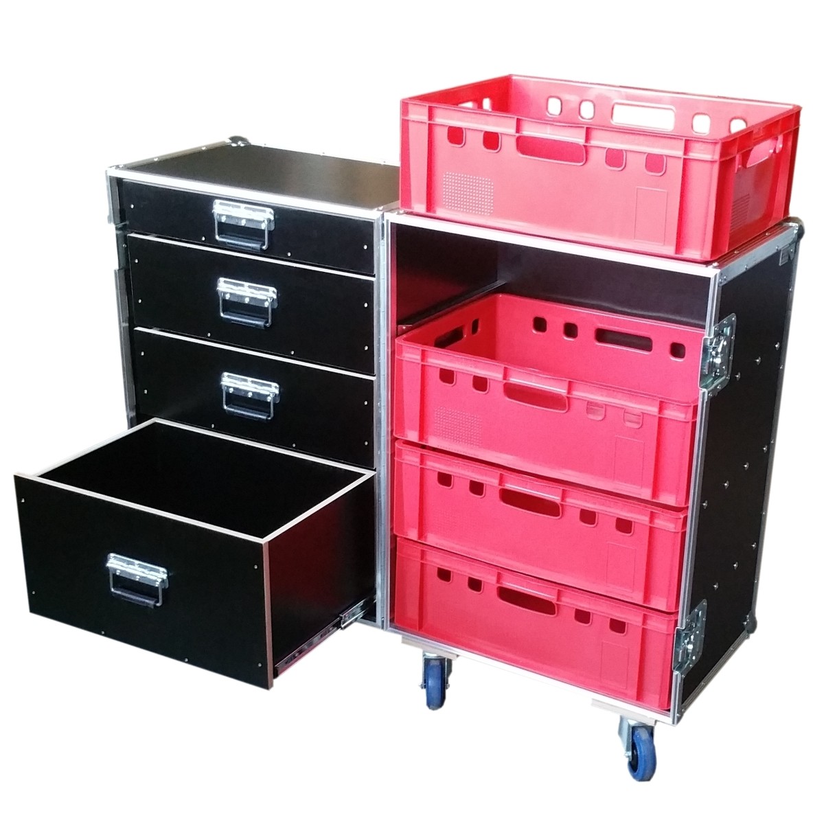 Flightcase Profi für 4 Euro-Boxen rechts und vier Schubladen links