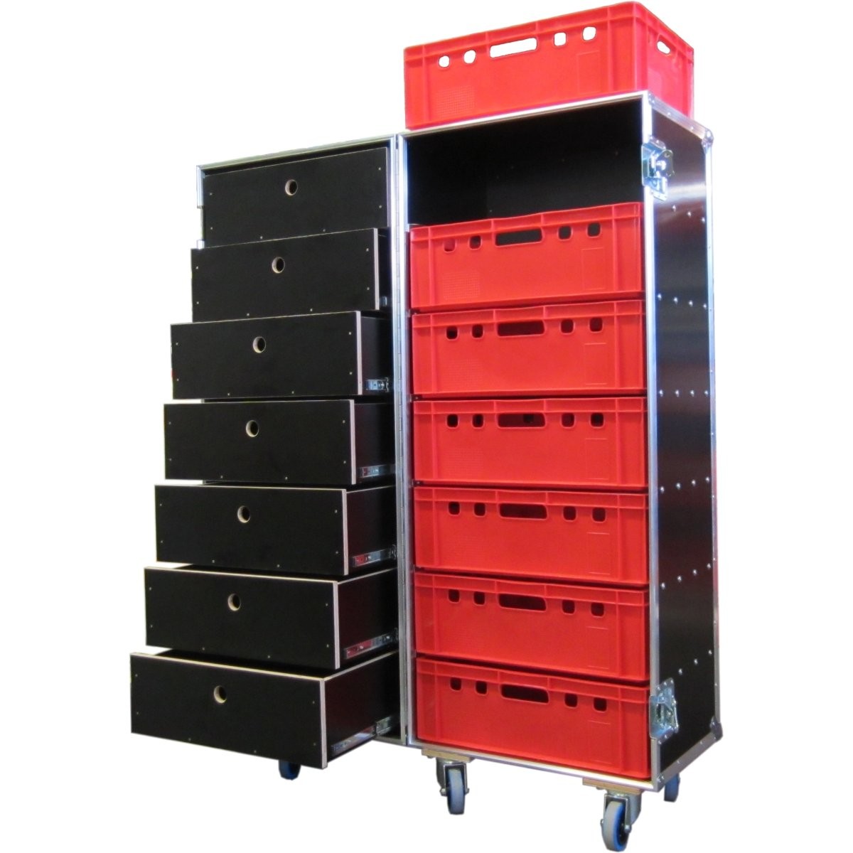 Flightcase Profi mit sieben Schubladen und sieben Euro-Boxen
