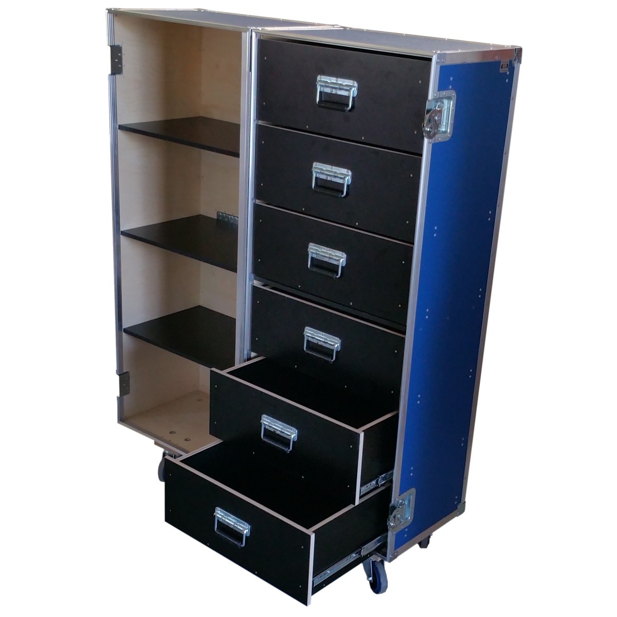 Flightcase Profi mit Fachböden für Ordner und Schubladen