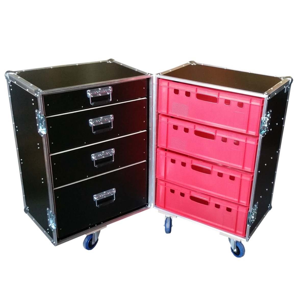 Flightcase Profi für 4 Euro-Boxen rechts und vier Schubladen links