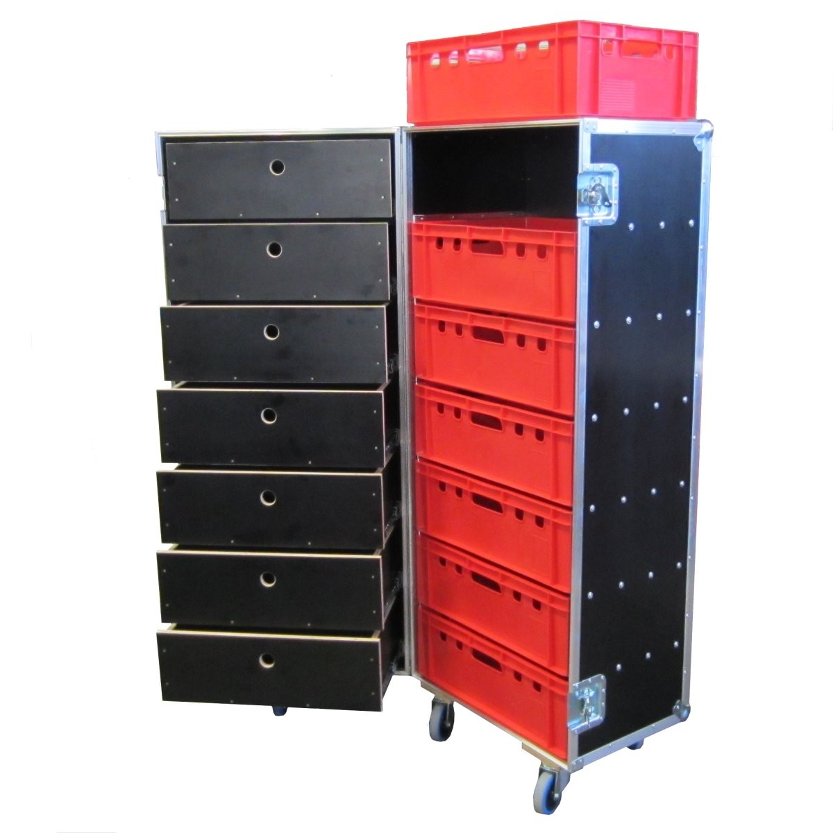 Flightcase Profi mit sieben Schubladen und sieben Euro-Boxen